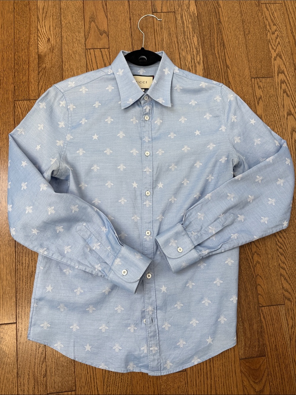 Gucci Light Blue Button-Down Shirt with White Bee & Star Motifs